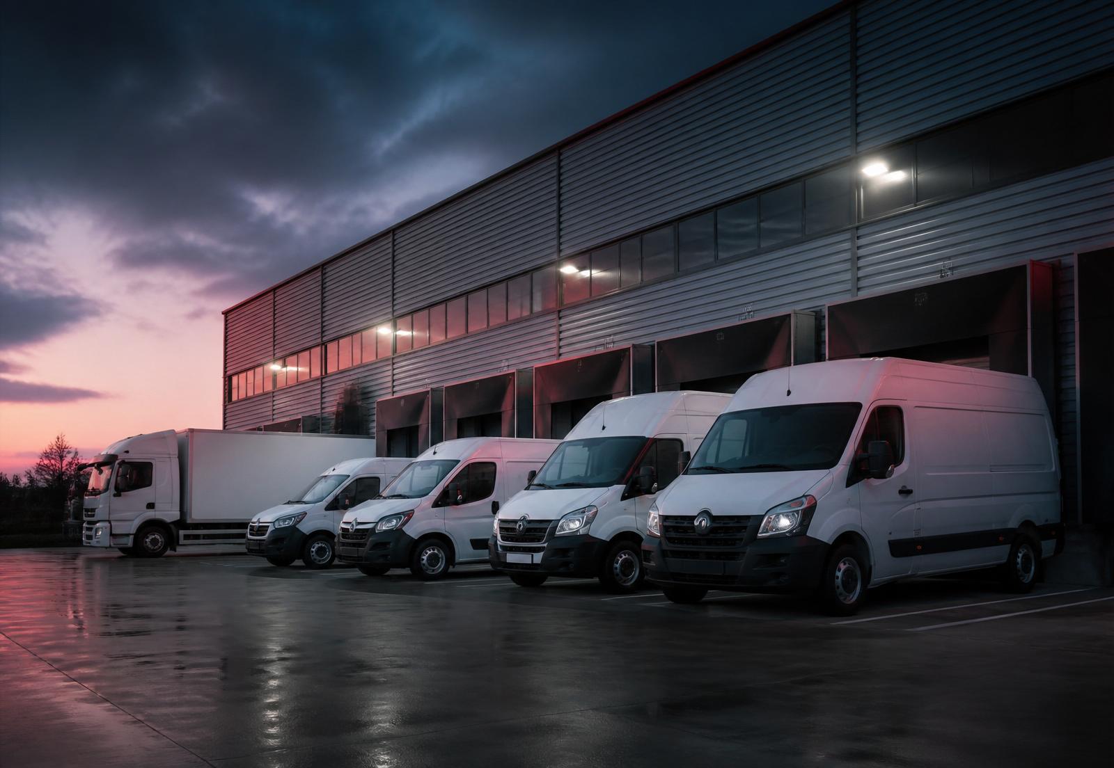 Commercial van and truck fleet parked at a logistics depot at dusk