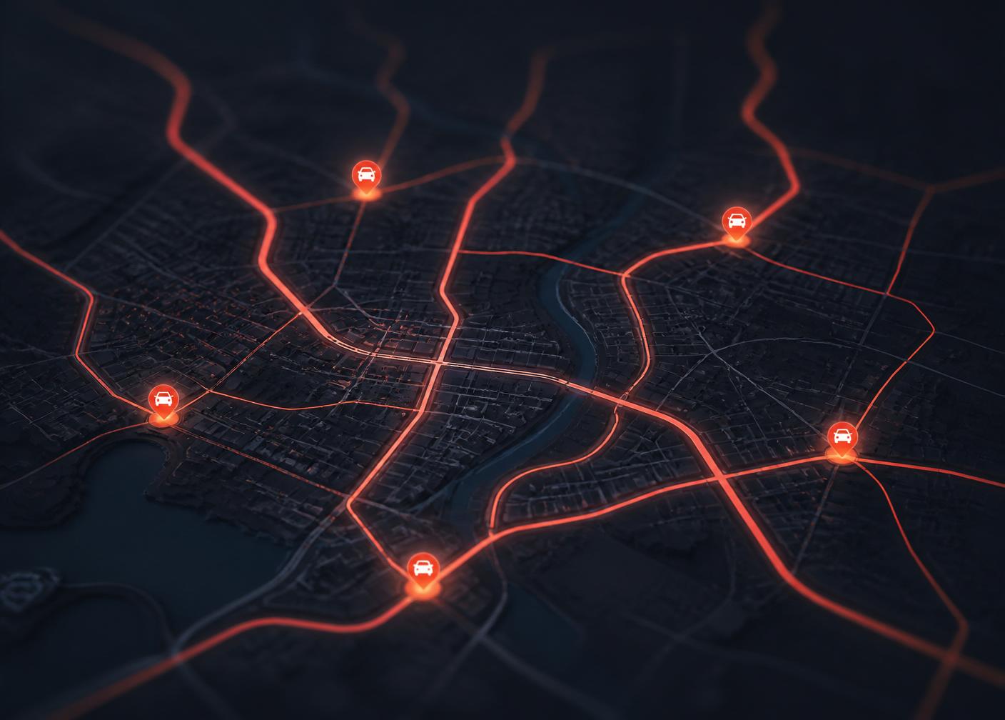 Illustrated night map showing tracked vehicle locations along glowing routes